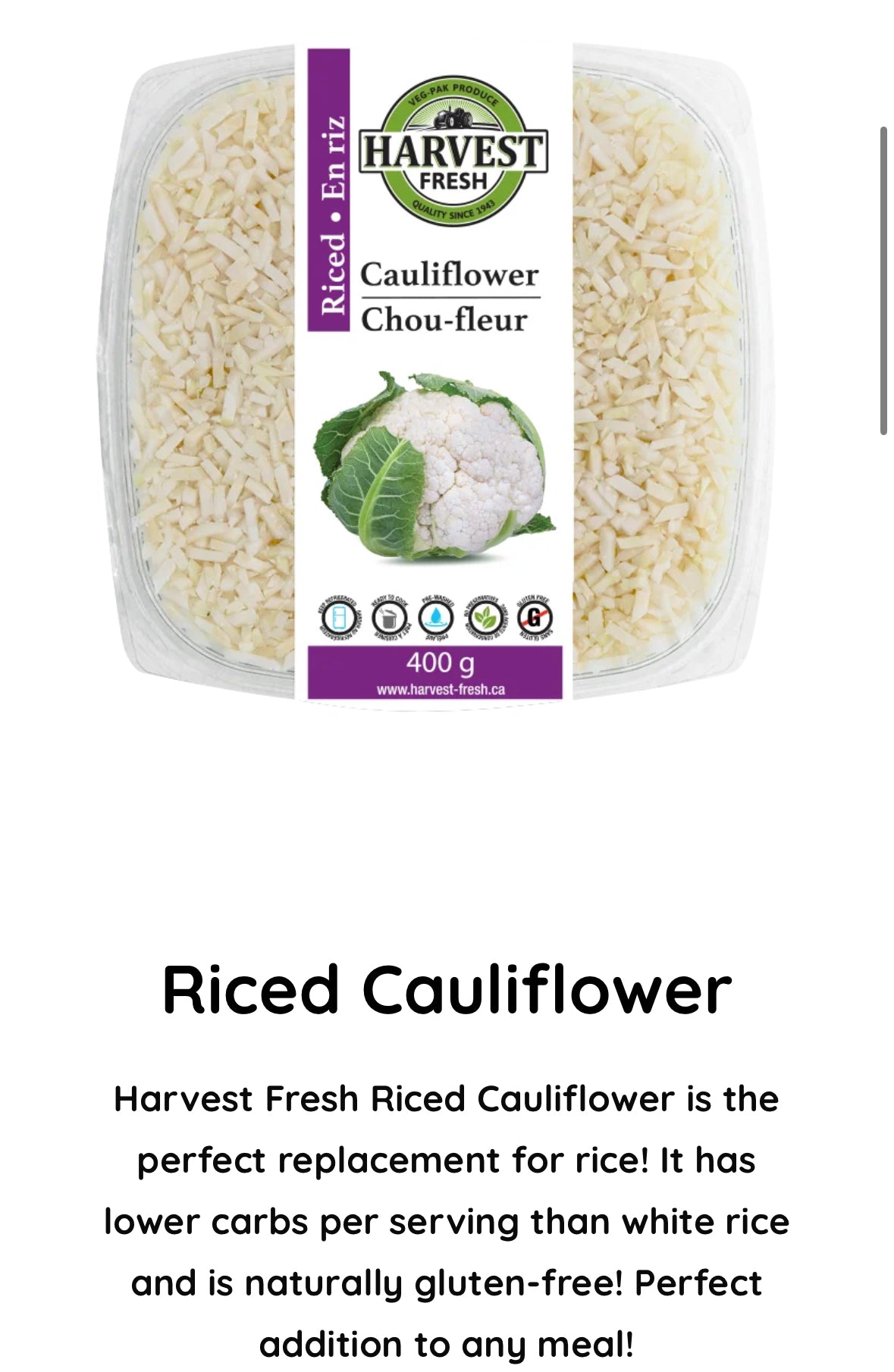 HARVEST FRESH - Riced Cauliflower SPECIAL! Packed Fresh to Order!