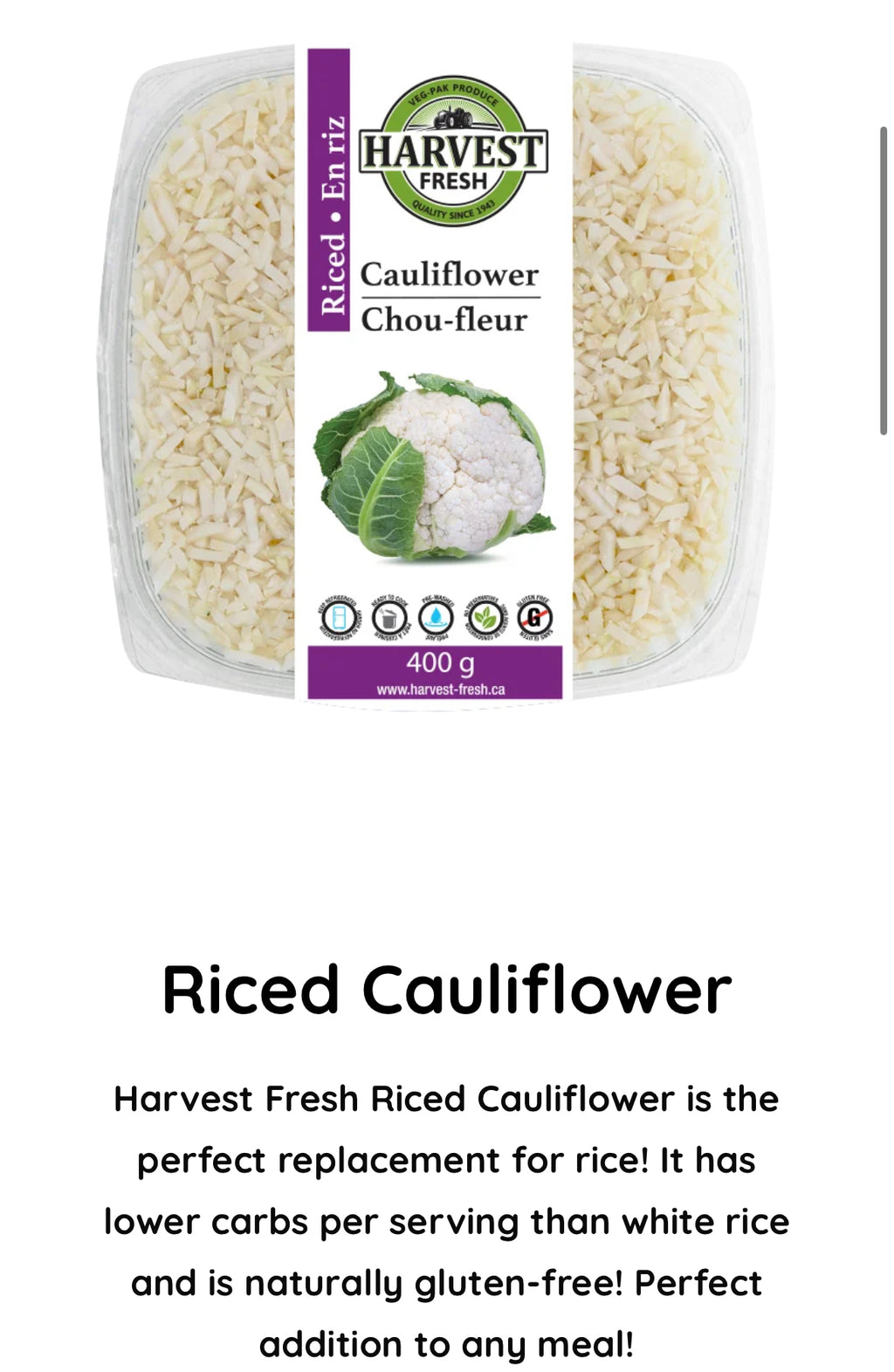HARVEST FRESH - Riced Cauliflower SPECIAL! Packed Fresh to Order!